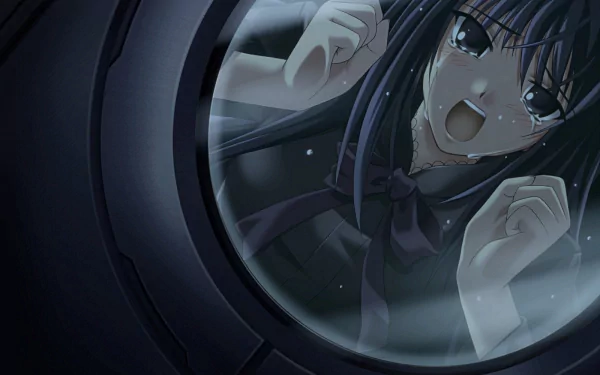 Anime-style HD PC desktop wallpaper featuring a distressed female character from Ever17, viewed through a circular window or porthole.