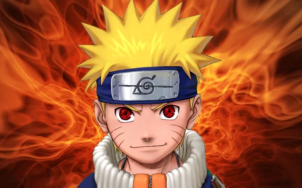 HD desktop wallpaper featuring anime character Naruto Uzumaki with blonde hair and Sharingan eyes, set against a fiery background.