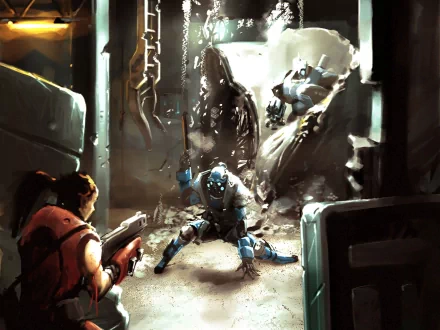A dramatic sci-fi scene depicting a warzone, featuring a soldier with a gun facing robotic foes amidst debris. An intense backdrop for an HD desktop wallpaper.