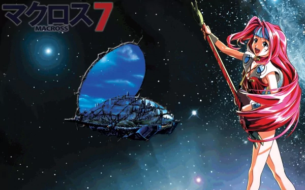 A vibrant HD wallpaper featuring Maylene from Macross, standing in space with a starry background and a futuristic ship.