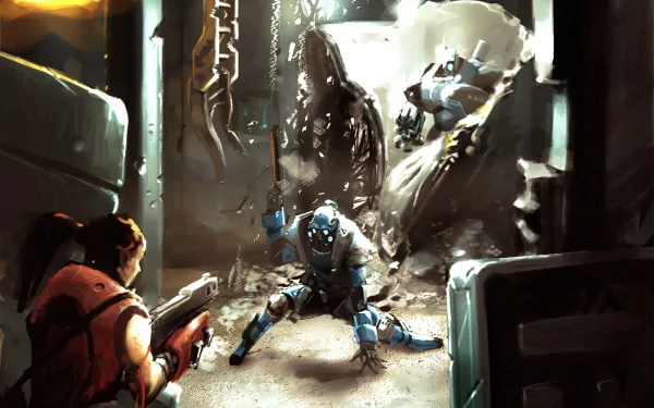 A dramatic sci-fi scene depicting a warzone, featuring a soldier with a gun facing robotic foes amidst debris. An intense backdrop for an HD desktop wallpaper.