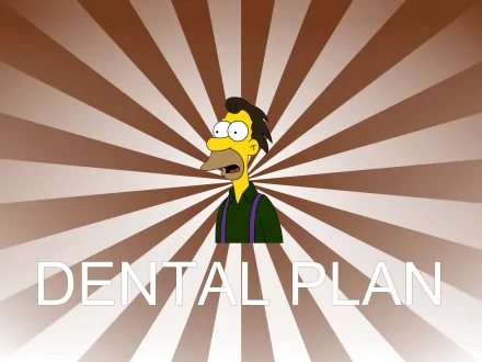 HD desktop wallpaper featuring Carl Carlson from The Simpsons with a radial brown background and the phrase DENTAL PLAN in bold white text below.