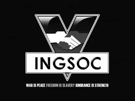 HD desktop wallpaper featuring the INGSOC logo with a handshake, associated with the English Socialist Party, and the slogan: War is Peace, Freedom is Slavery, Ignorance is Strength.