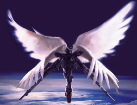 A striking HD wallpaper featuring a Gundam with majestic wings, set against a dramatic background, showcasing the fusion of technology and artistry in anime design.