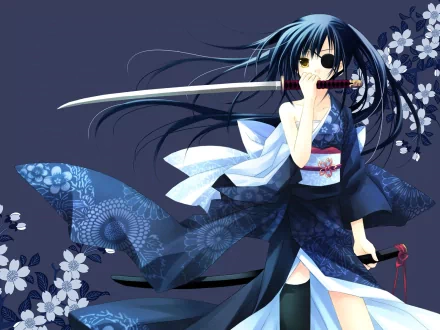 HD desktop wallpaper of Yagyuu Kyuubei from Gintama, dressed in a kimono and holding a katana. She has long dark hair, an eye patch, and a floral backdrop.