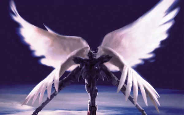 A striking HD wallpaper featuring a Gundam with majestic wings, set against a dramatic background, showcasing the fusion of technology and artistry in anime design.
