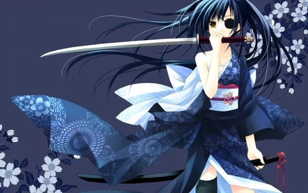 HD desktop wallpaper of Yagyuu Kyuubei from Gintama, dressed in a kimono and holding a katana. She has long dark hair, an eye patch, and a floral backdrop.
