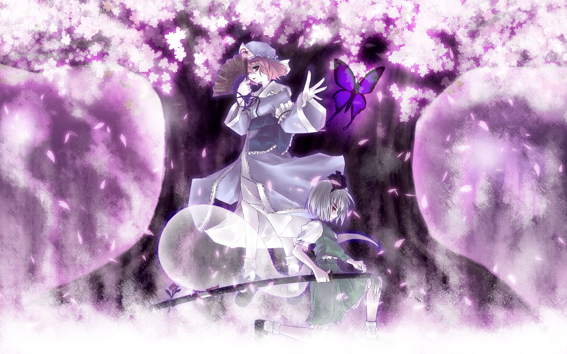 Vibrant purple butterfly with Yuyuko Saigyouji, Youmu Konpaku, and Myon (Touhou) characters.