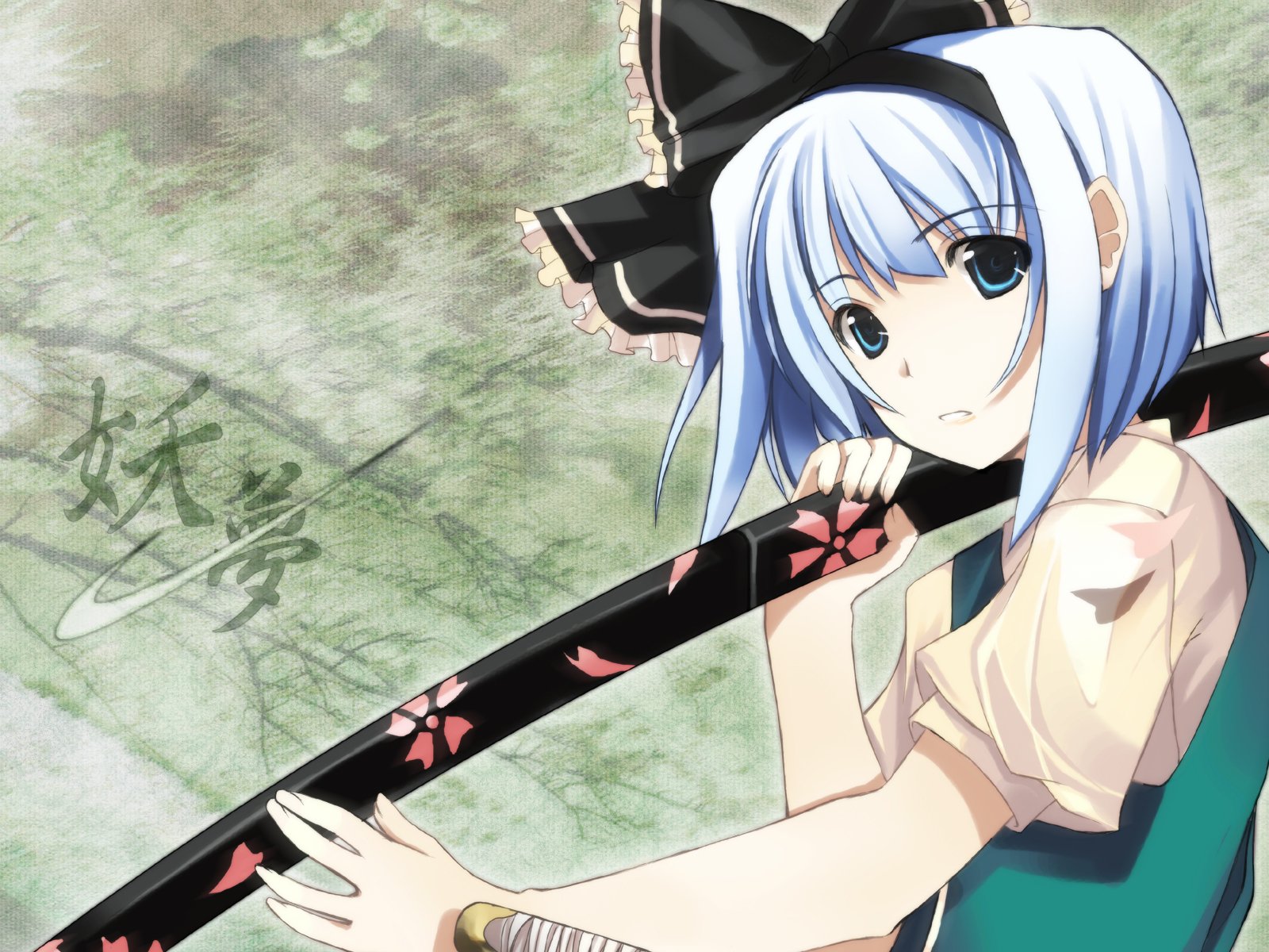HD wallpaper featuring Youmu Konpaku with short white hair, holding a katana, from the Touhou anime series. Background has a textured, greenish hue.