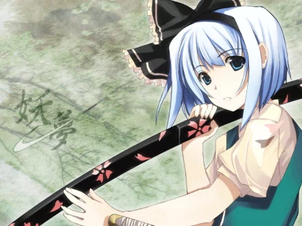 HD wallpaper featuring Youmu Konpaku with short white hair, holding a katana, from the Touhou anime series. Background has a textured, greenish hue.