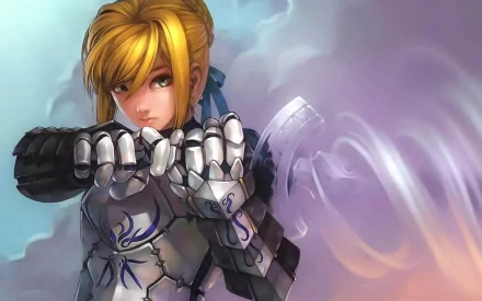 An HD desktop wallpaper featuring Saber from Fate/Stay Night. Saber is depicted with blonde hair, green eyes, and wearing armor, gloves, and a sword, set against a mystical, cloudy background.