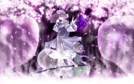 HD desktop wallpaper featuring Myon, Youmu Konpaku, and Yuyuko Saigyouji from Touhou in a purple setting with cherry blossoms and a butterfly.