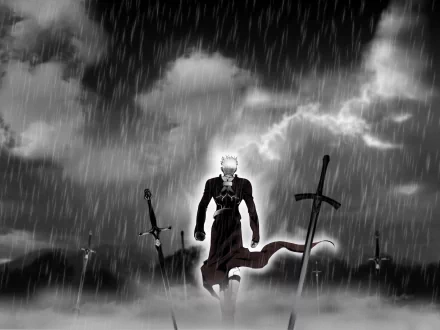 HD wallpaper featuring Archer from Fate/Stay Night: Unlimited Blade Works standing amidst swords in a rainy, moody landscape.