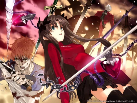HD desktop wallpaper featuring Shirou Emiya, Rin Tohsaka, and Archer from the anime Fate/Stay Night in an action-packed scene with vibrant colors and dynamic poses.