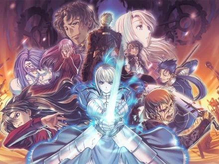 HD wallpaper featuring characters from Fate/Stay Night: Archer, Rider, Illyasviel, Sakura Matou, Shirou Emiya, Gilgamesh, Rin Tohsaka, Lancer, and Saber, all dynamically posed against a vivid background.