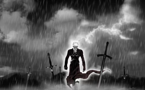 HD wallpaper featuring Archer from Fate/Stay Night: Unlimited Blade Works standing amidst swords in a rainy, moody landscape.