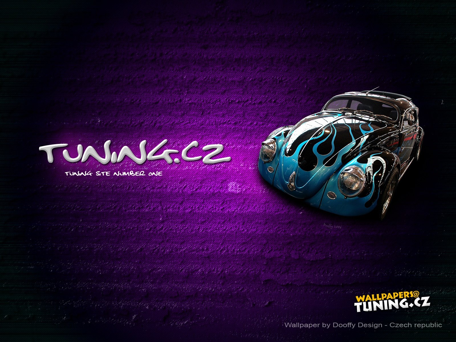 HD PC desktop wallpaper featuring a customized Volkswagen Beetle with a black and blue flame design against a textured purple background.