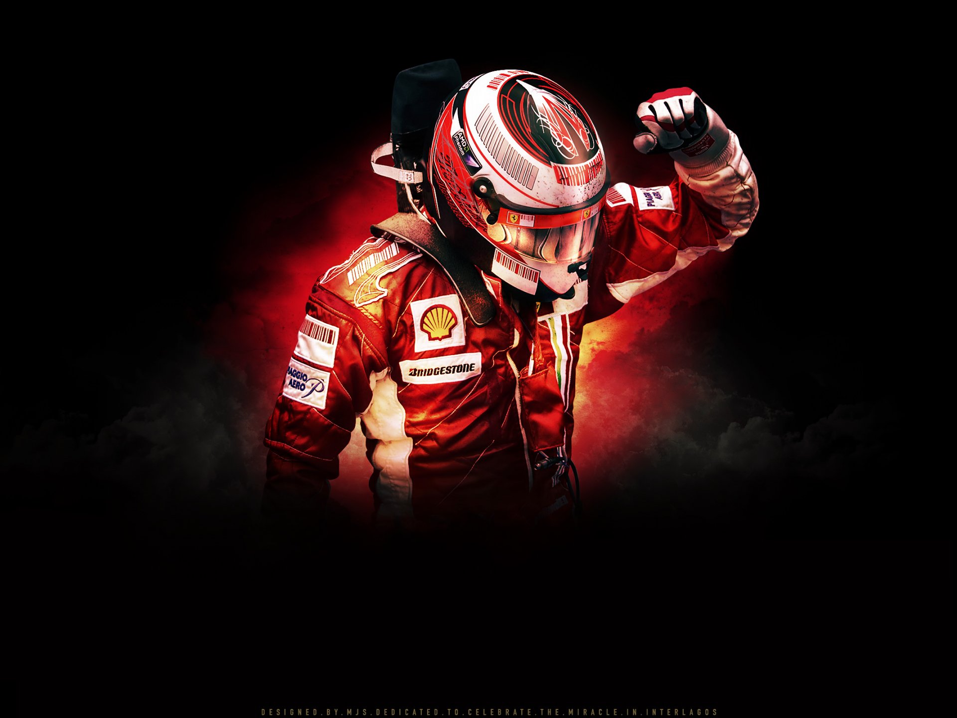A dynamic HD desktop wallpaper featuring a Ferrari vehicle, showcasing a victorious race car driver in a striking red suit against a dramatic fiery background.