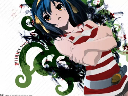 Haruhi Suzumiya from The Melancholy of Haruhi Suzumiya strikes a confident pose in this vibrant HD desktop wallpaper, featuring bold colors and dynamic design elements.