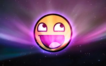 HD desktop wallpaper featuring a large, vibrant smiley face with an expression of excitement, surrounded by a cosmic, colorful background. Tags: funny, smiley.