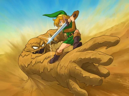 Link battles a giant sand creature in this HD wallpaper from *The Legend of Zelda: A Link to the Past*, showcasing an epic fight in a dynamic sandy landscape.