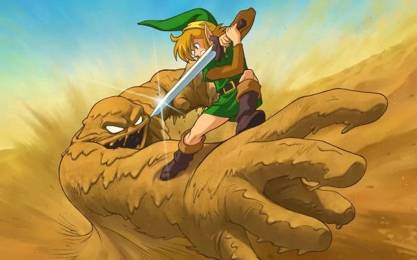 Link battles a giant sand creature in this HD wallpaper from *The Legend of Zelda: A Link to the Past*, showcasing an epic fight in a dynamic sandy landscape.
