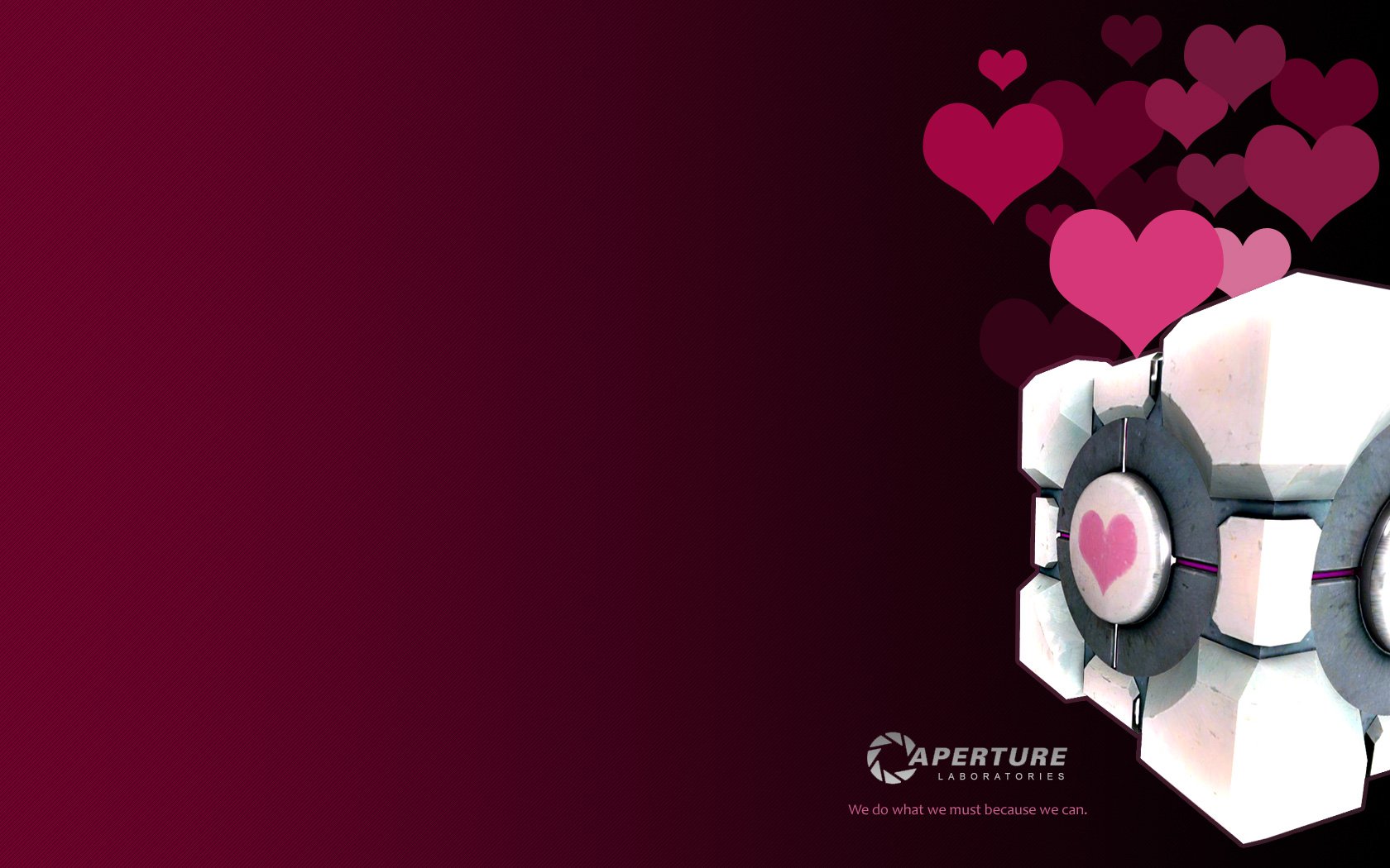 HD PC desktop wallpaper featuring a Portal video game turret with pink hearts on a dark red background, showcasing Aperture Science branding.