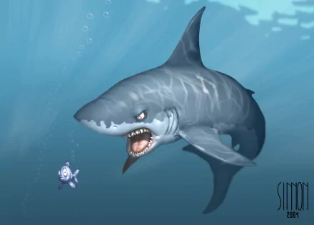 A funny cartoon HD desktop wallpaper featuring a great white shark baring its teeth at a tiny, startled fish underwater.