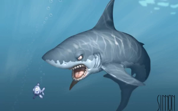 A funny cartoon HD desktop wallpaper featuring a great white shark baring its teeth at a tiny, startled fish underwater.