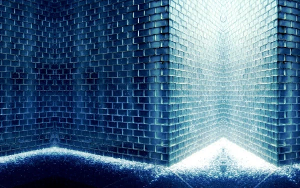 A close-up of an artistic wall featuring intricate blue tiles, creating a dramatic corner effect. This high-definition image serves as a striking desktop wallpaper and background.