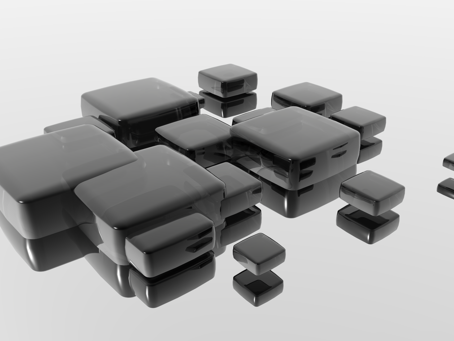 Abstract 3D CGI wallpaper featuring a cluster of glossy black cubes, set against a reflective background, creating a modern and visually striking desktop backdrop.