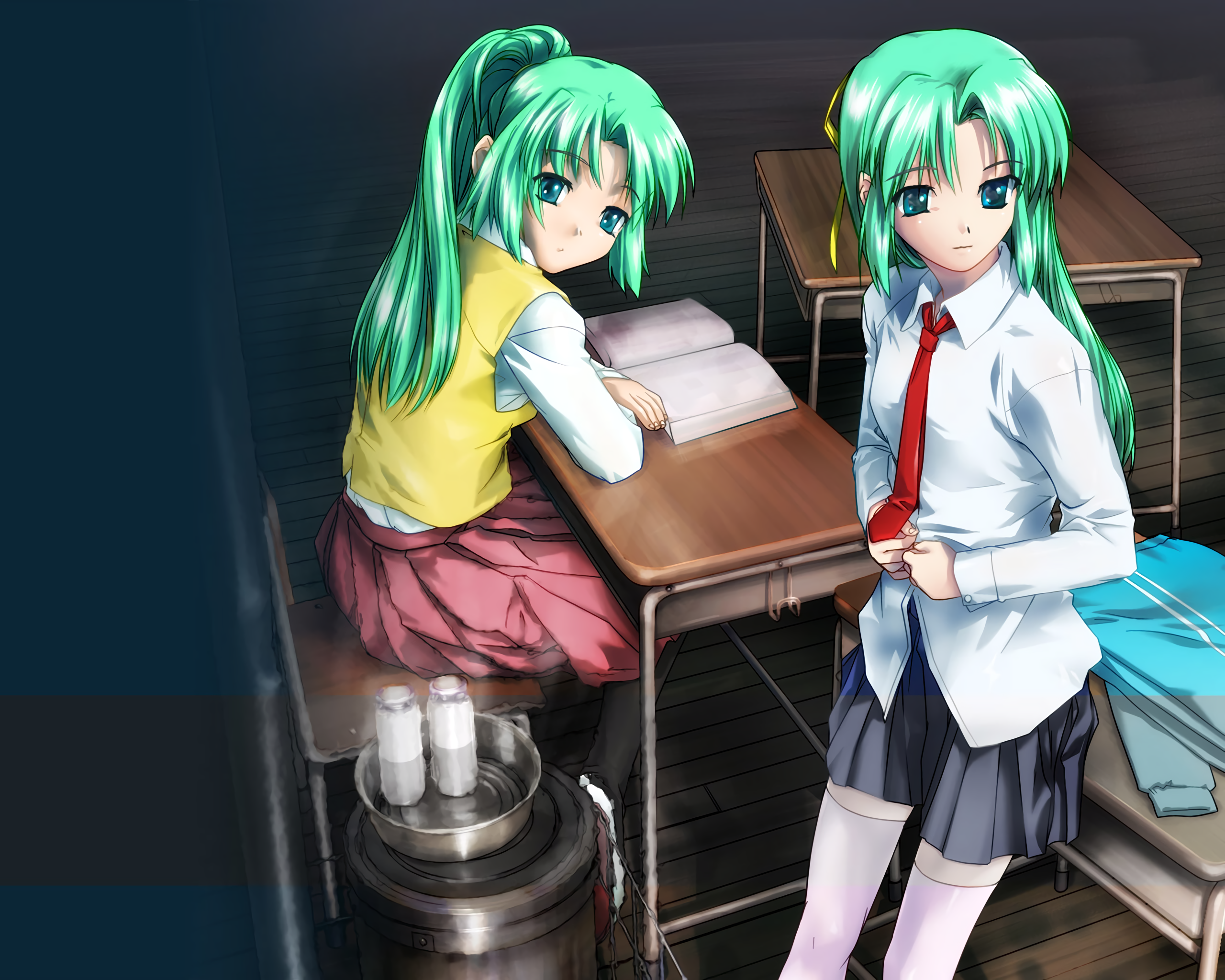 Twin girls in green school uniforms with ties, Sonozaki Shion and Sonozaki Mion, posing for a wallpaper.