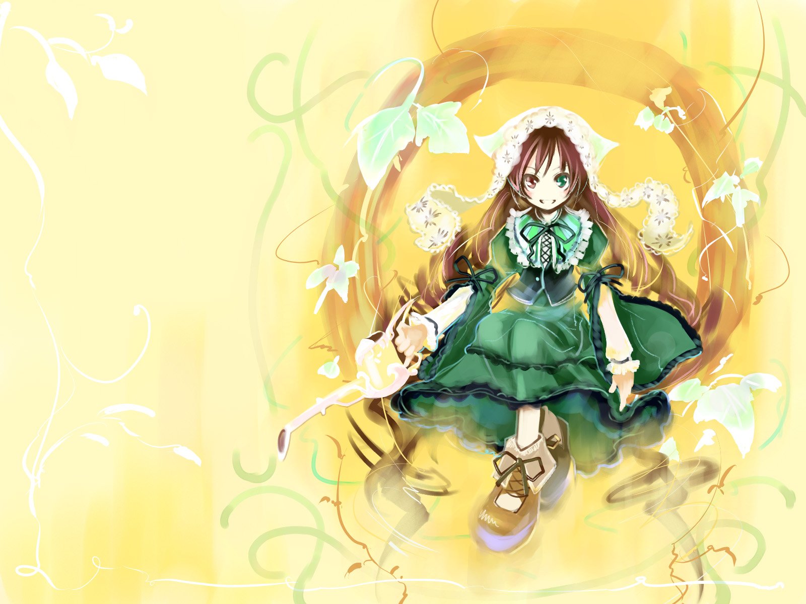 HD anime desktop wallpaper featuring Suiseiseki from Rozen Maiden in a detailed green dress against a soft yellow background with floral accents.