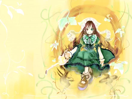 HD anime desktop wallpaper featuring Suiseiseki from Rozen Maiden in a detailed green dress against a soft yellow background with floral accents.