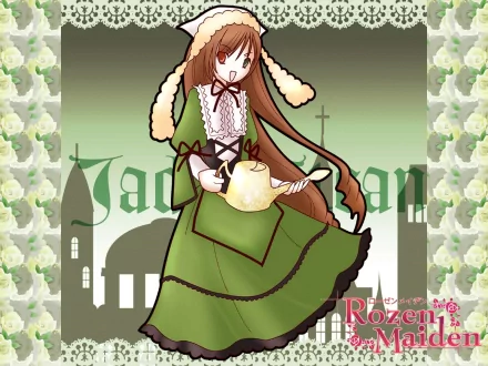 Suiseiseki (Rozen Maiden) in a green Victorian dress holding a teapot, anime wallpaper with gothic house silhouette and floral borders — HD PC desktop background.
