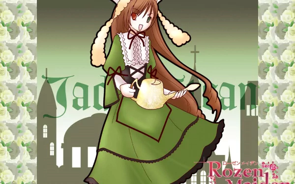 Suiseiseki (Rozen Maiden) in a green Victorian dress holding a teapot, anime wallpaper with gothic house silhouette and floral borders — HD PC desktop background.