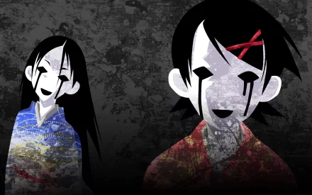 HD wallpaper featuring Kafuka Fuura and Chiri Kitsu from the anime Sayonara, Zetsubou-Sensei, with a striking and abstract background.