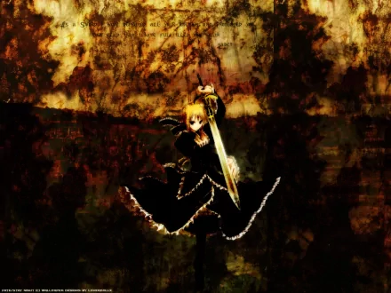 HD wallpaper of Saber Alter from Fate/Stay Night, featuring an intense and dark artistic style with the character posing with her sword against a fiery, grunge background.