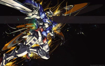 HD wallpaper featuring a dynamic scene from the anime Mobile Suit Gundam 00, showcasing a detailed Gundam in action with vibrant colors and intricate design elements.