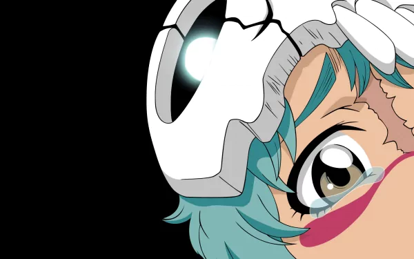 HD desktop wallpaper of Nel Tu (Nelliel Tu Odelschwanck) from the anime Bleach, featuring a close-up of her face against a black background, highlighting her distinct mask and teal hair.