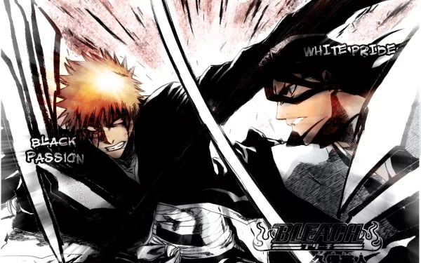 Illustration from the anime Bleach featuring characters Byakuya Kuchiki and Ichigo Kurosaki in an intense combat scene, with dramatic text overlays White Pride and Black Passion.