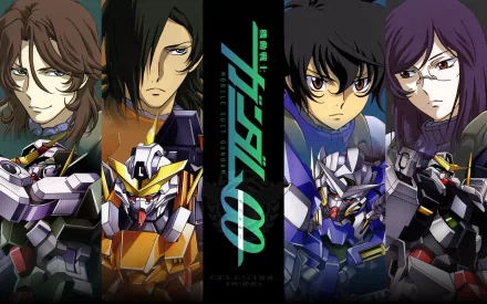 HD desktop wallpaper featuring characters and mechas from the anime Gundam, with text in the center.