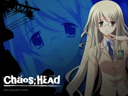 An HD desktop wallpaper featuring characters from Chaos;Head. The design highlights a girl with long hair and glasses against a dark, atmospheric background.