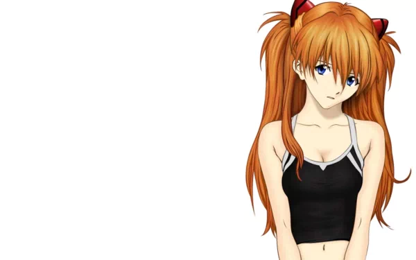HD desktop wallpaper of Asuka Langley Sohryu from Neon Genesis Evangelion, featuring her in a black tank top and red hair bows, with a white background.