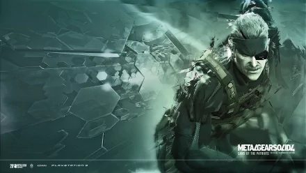HD desktop wallpaper featuring a character from Metal Gear Solid 4: Guns of the Patriots. The background showcases an abstract, geometric design with muted green tones.