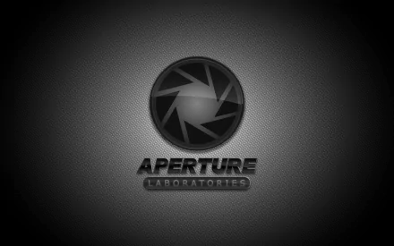 A high-definition desktop wallpaper featuring the Aperture Science logo from the Portal video game, set against a sleek black background.