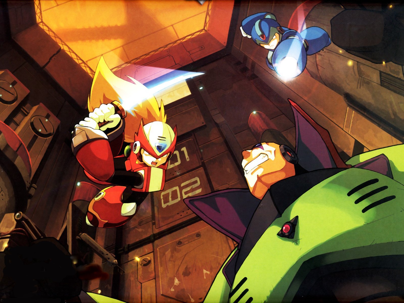 HD PC wallpaper featuring dynamic action from the video game Mega Man X, showcasing characters in a futuristic, industrial setting with vibrant colors and dramatic lighting.