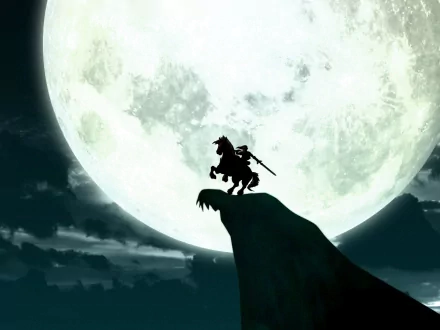 Link riding Epona against the backdrop of a full moon in a scene from The Legend of Zelda: Twilight Princess.