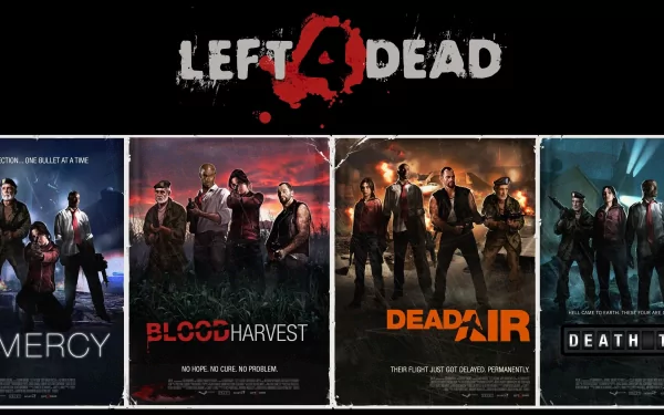 HD desktop wallpaper featuring iconic artwork from the video game Left 4 Dead, showcasing key scenes and characters from various campaigns.