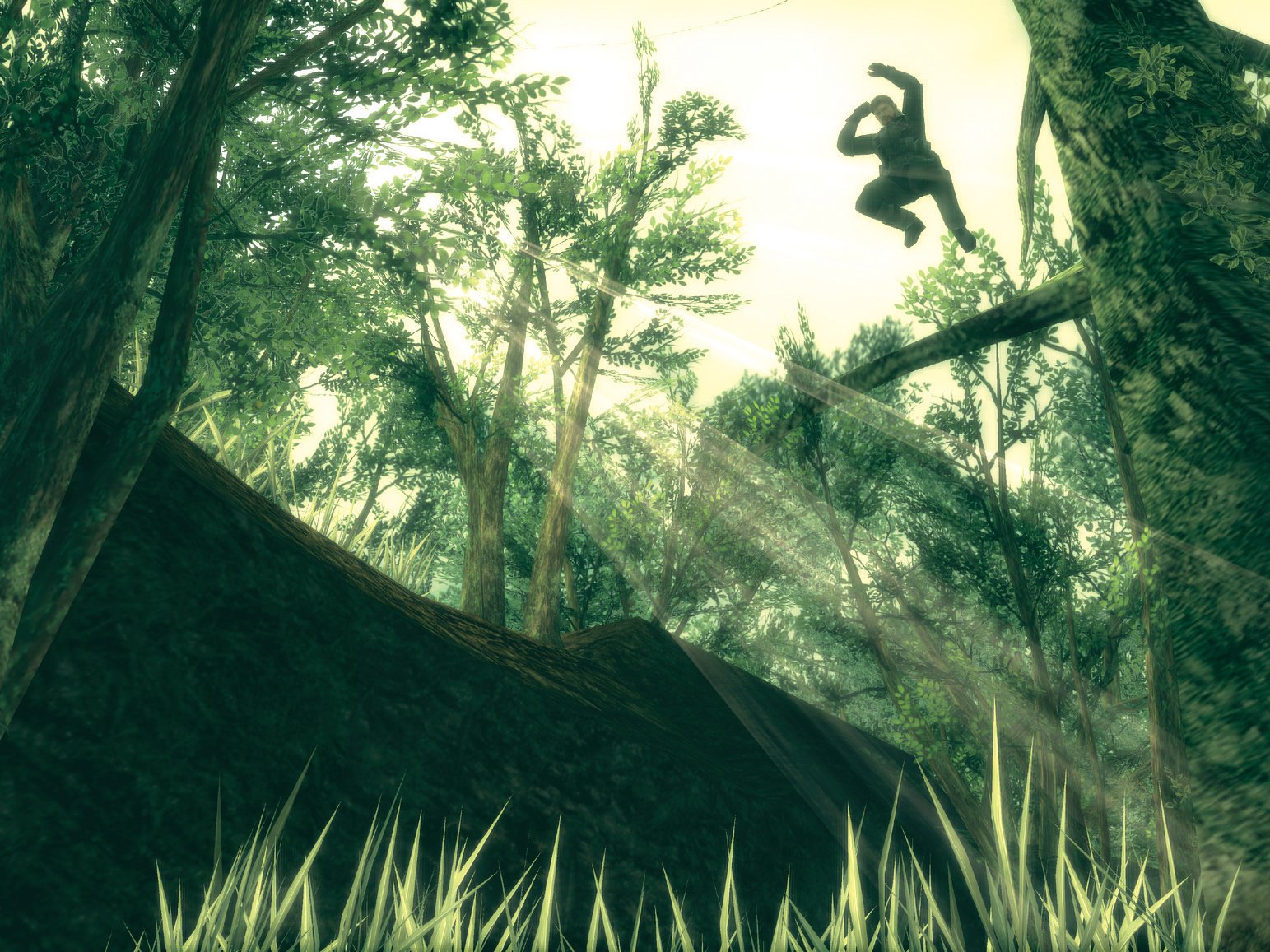 A dynamic scene from the video game Metal Gear, featuring a character leaping through a sunlit forest, creating an engaging HD PC desktop wallpaper and background.